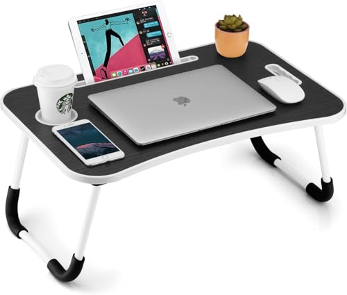FISYOD Foldable Laptop Table, Portable Lap Desk Bed Table Tray, Laptop Stand with Cup Holder & Tablet Slot & Lifting Handle for Working Writing Drawing & Eating (Black Grain) - color: Black Grain