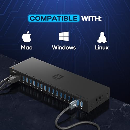 16-Port Powered USB 3.0 Hub, Desktop USB Expansion Hub with 5Gbps High-Speed Data Transfer, Aluminum USB Splitter for Multiple Devices, AC Power Adapter Included for PC and Laptop Use