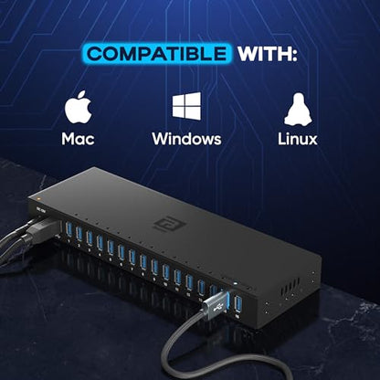 16-Port Powered USB 3.0 Hub, Desktop USB Expansion Hub with 5Gbps High-Speed Data Transfer, Aluminum USB Splitter for Multiple Devices, AC Power Adapter Included for PC and Laptop Use