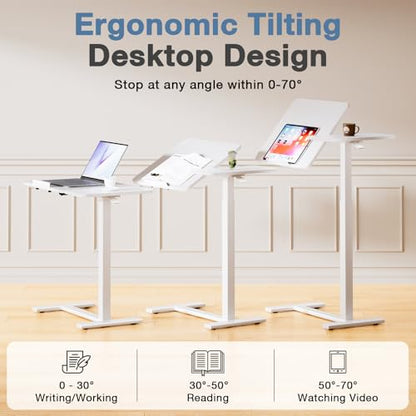 DUMOS Adjustable Bedside Overbed Table with Wheels, White | Laptop Standing Desk with Tilting Top Height, Mobile Rolling Computer Cart for Hospital Home Bedroom Use - color: White, size: 27.4" x 15.7" x 43.3"