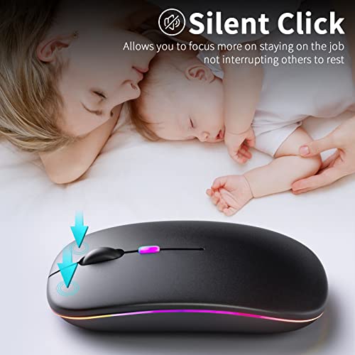 KANMABPC Wireless Bluetooth Mouse – Rechargeable, Silent, Dual Mode (Bluetooth 5.2 & USB) with LED Lights – Portable for Laptop, Desktop, & Tablet(Black) - color: Black