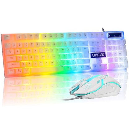 CHONCHOW LED Keyboard and Mouse, 104 Keys Rainbow Backlit Keyboard and 7 Color RGB Mouse, White Gaming Keyboard and Mouse Combo for PC Laptop Xbox PS4 Gamers and Work - color: White