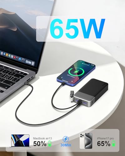 NOBIS Power Bank 20000mAh 65W Laptop Portable Charger | Battery Pack with attached USBC Cable 2 USB-C & 2 USB-A Ports, for Laptop,Pad,tablet,Phone 17/16/15/14,S26 - color: Black