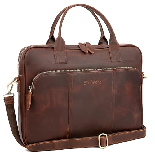 Blofinche Genuine Leather laptop briefcase 15.6 inch Computer Messenger shouledr work handbag Satchel bags - color: Coffee