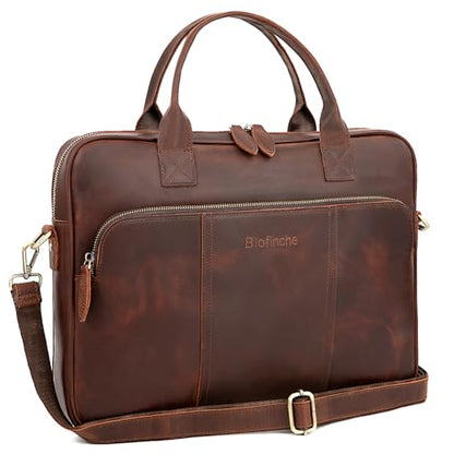 Blofinche Genuine Leather laptop briefcase 15.6 inch Computer Messenger shouledr work handbag Satchel bags - color: Coffee