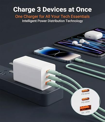 65W USB C Fast Charger, 3-Port PD Charger, 3 Cables, Green | Foldable green travel charger for laptop, phone & tablet, with 2 x 1.2m cables and 1 x 0.6m cable