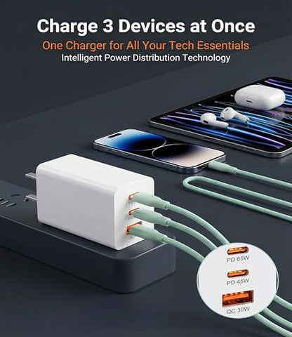 65W USB C Fast Charger, 3-Port PD Charger, 3 Cables, Green | Foldable green travel charger for laptop, phone & tablet, with 2 x 1.2m cables and 1 x 0.6m cable