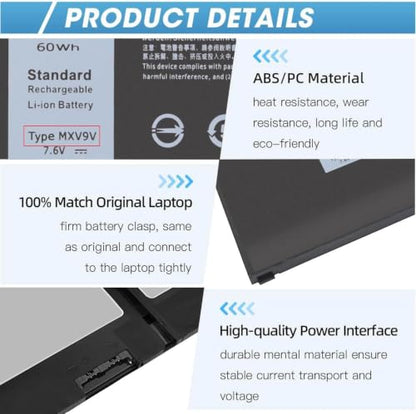 60Wh MXV9V Battery Replacement for Dell Latitude 7400 5300 5310 7300 | Latitude 5300/5310 2-in-1, Inspiron 7300/7306 2-in-1 Black Series P96G P97G P99G P100G 5VC2M 829MX 0829MX 7.6V - size: 9.3*4*0.25inch MXV9V