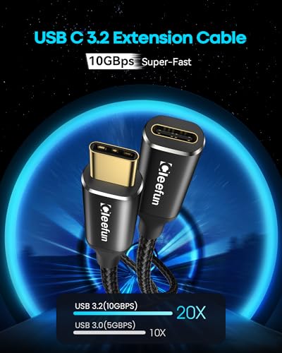 CLEEFUN USB-C Extension Cable 1ft 2-Pack, USB-C Male to Female, 10Gbps Data & 4K Video Sync, 100W Fast Charging for Laptop, Tablet, Phone - color: Black, size: 1ft