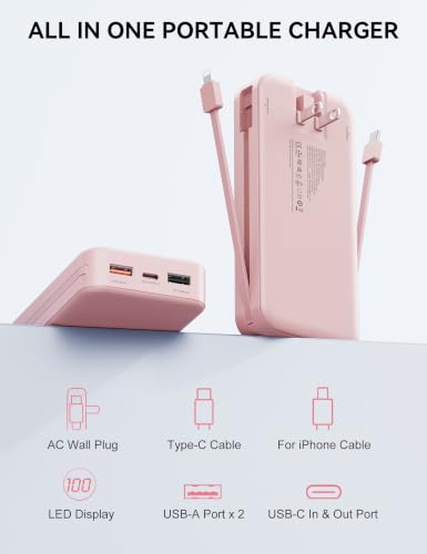 Nusyddy Portable Charger 20000mAh Fast Charging w/Built-in Wall Plug Pink | PD20W Fast Charging, High Capacity, LED Display, Charge 5 Devices at once, TSA Approved, Compatible with iPhone/Samsung - color: Magenta