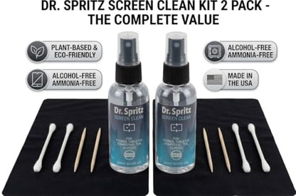 Dr. Spritz Screen Cleaner Spray (2 Pack) - Streak-Free Cleaning Kit for Laptop, MacBook, iPhone, Smart TV & Computer Monitor - Plant-Based & Alcohol-Free - Includes 2 Microfiber Cloths & Detail Tools