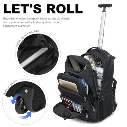 Boavan Rolling Backpack,17 inch Water Resistant Wheeled Backpack,Carry on Luggage Business Bag, Overnight College Computer Trolley Suitcase for Men Women Adults to Travel，Black - color: Black, size: 17.3 inches