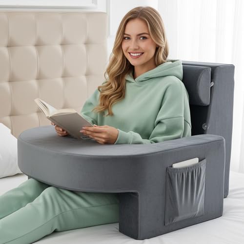 RSN Reading Pillow Set for Bed Sitting, 3 Piece Gaming Pillow-Ergonomic Back/Neck Support with Arms & Pockets, Bed Desk for Adults Laptop and Writing (Gray, OneSize)