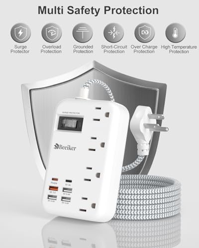 PD45W USB C Surge Protector Power Strip,6 USB Travel Extension Cord 5Ft | 45W,Travel Power Strip,6 USB (2 USB C),4 Outlets,5FT Braided Extension Cord,Flat Plug,Fast Charging for MacBook Laptops iPad - size: PD45W USB-5ft-980J