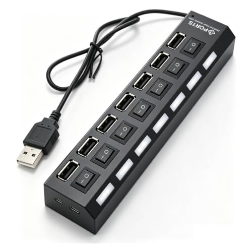 7-Port USB 2.0 Hub, USB Extender Splitter with Individual LED ON/Off Switches, Over-Current Protection, Plug-and-Play for Laptop