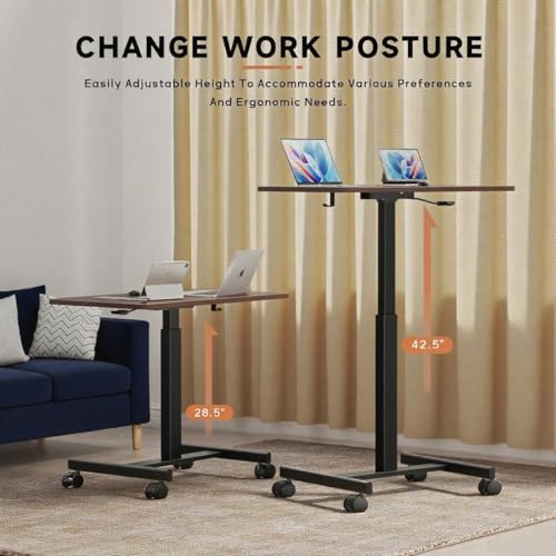 Mobile Small Standing Desk,Gas Spring Adjustable Height Rolling Portable Laptop Desk with Lockable Wheels, Computer Workstation for Home Office, Dark Walnut - color: Dark Walnut
