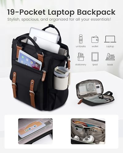LOVEVOOK Laptop Backpack for Women with Giant Tumbler Holder Pocket,15.6 inch Waterproof Travel Backpack Purse Computer Laptop Bag - color: Black-brown, size: 15.6 Inch Cup