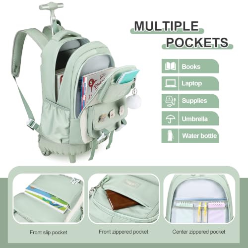 DIGOBAY Rolling Backpack for Girls, Roller Bag with Lunch Box Pencil case | Kawaii Girls Roller Backpack With Wheels School Bookbag With Cute Pins for Elementary Middle School, Green - color: Green