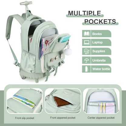 DIGOBAY Rolling Backpack for Girls, Roller Bag with Lunch Box Pencil case | Kawaii Girls Roller Backpack With Wheels School Bookbag With Cute Pins for Elementary Middle School, Green - color: Green