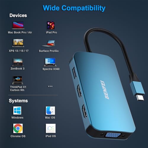 BENFEI USB C Docking Station, 8-in-1 USB C Hub with Triple Display Dual HDMI, VGA, 3*USB 3.0, 100W Power Delivery, 3.5mm AUX Audio Compatible with MacBook Pro, XPS and More - color: Blue, size: 8-in-1