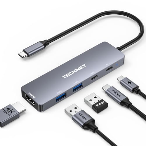 TECKNET USB C Hub 4K@60Hz, 5-in-1 USBC to HDMI Adapter with 100W Power Delivery, USB-C/USB-A 3.0 Data Ports, HDMI to USB C Multiport Adapter for MacBook iPad iPhone Nintendo Switch Steam Deck, USB Hub