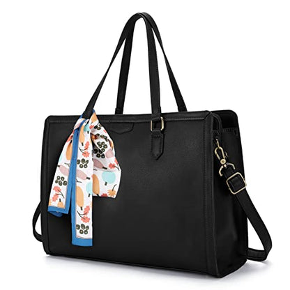 Missnine Laptop Tote Bag for Women 15.6 Inch Leather Work Bags Teacher Computer Purse Briefcase Handbag for Office, Travel - color: Black