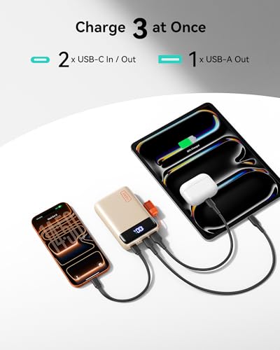 INIU Smallest 20000mAh Power Bank, 22.5W PD Fast Charging Portable Charger with USB-C Cable, Flight-Safe Battery Pack for Travel & Women Daily Commute & Gift for iPhone Samsung iPad, mini Size, Beige | USB-C Cable, Flight-Safe, Travel Essentials, Flashlig