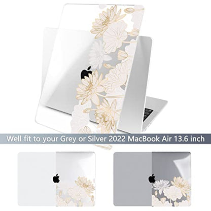 Batianda LumiArt Case for MacBook Air 13.6" M2-M5 Chip, Golden Lotus | 4-in-1 set with gold lotus line flowers design, lightweight slim hard shell protection for elegant, minimal and office user - color: Gold Lotus