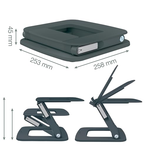 Leitz Height Adjustable Multi-Angle Laptop Stand, 80% Recycled Plastic, Six Pre-Set Height & Angle Combinations, Compact Footprint, 100% Recyclable, Ergo Range, Dark Grey, 64240089