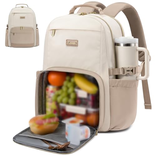 LOVEVOOK Lunch Backpack with Lunch Compartment,17 Inch Laptop Work Travel Insulated Cooler Backpack Purse,Waterproof College Teacher Lunch Bag Box with Tumbler Holder,Gifts for Men Women,Beige-Khaki - color: Beige - Khaki, size: 17-Lunch