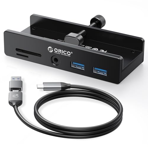 ORICO USB Hub 3.0, Clamp USB Hub with Extra Power Port, Aluminum USB C Adapter with 2 USB-A Data Ports,3.5mm AUX, SD/TF Card Reader for Desktop(Black) - color: Black