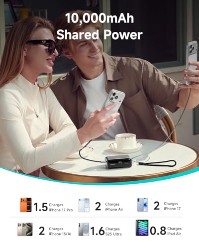 Ultra Mini 10000mAh 45W Portable Charger, Flight-Safe Compact Power Bank, Small & Lightweight Travel Battery Pack with 2.3 ft USB-C Retractable Cable for iPhone 17/16, iPad, Galaxy, Pixel