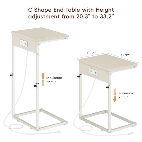 C Shaped End Table with Charging Station, Adjustable Height Side Table for Couch, Small Side Table, 33.2'' Tall Couch Tables that Slide Under, Tv Tray End Table for Living Room, Beige - color: Beige (1 Pack), style: With Plug