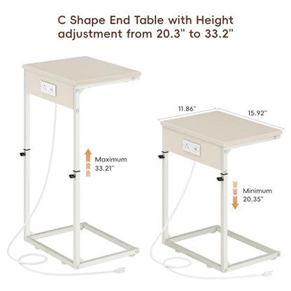 C Shaped End Table with Charging Station, Adjustable Height Side Table for Couch, Small Side Table, 33.2'' Tall Couch Tables that Slide Under, Tv Tray End Table for Living Room, Beige - color: Beige (1 Pack), style: With Plug