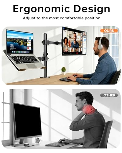 Dual Monitor and Laptop Stand for 13-32 Inch Screens & 11-17 Inch Laptop, Full Motion Dual Monitor Arm Desk Mount with Removable Laptop Tray, Supports Up to 18 lbs/Arm, C-Clamp, VESA 75x75/100x100mm - size: Laptop & Monitor Stand