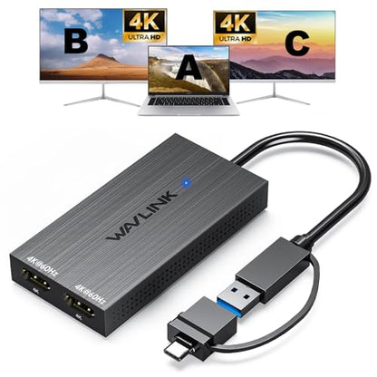 WAVLINK DisplayLink USB A/C to Dual HDMI Adapter 4K@60Hz for 2 Monitors | DisplayLink USB 3.0 & USB C to 2 HDMI Adapter for Dual Monitor, for Mac M1-M5/Neo, Windows, ChromeOS, Ubuntu