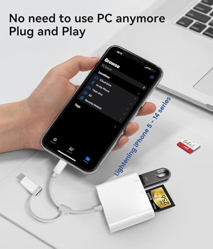 Oyuiasle SD Card Reader for iPhone iPad Trail Camera Viewer 3-in-1 SD Adapter with Dual Slots & USB Port, Memory Card Adapter Dual-connector Design with Lightening&USB-C for Photographers, Plug & Play - size: 3 Slots