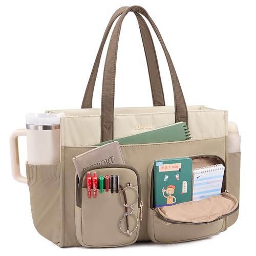 LOVEVOOK Teacher Tote Bag for Women,Multi-pocket Laptop Bag with Large Cup Holder,Nurse Bags Work Travel Computer Handbag - color: Khaki Brown, size: 17.3 inch