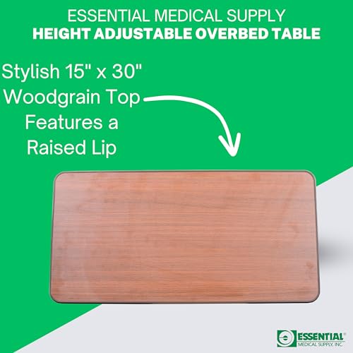Essential Medical Supply Height Adjustable Automatic Overbed Table - Woodgrain Top with Locking Wheels, Perfect for Hospital and Home Use - Table for Easy Access and Convenience for Adults and Seniors