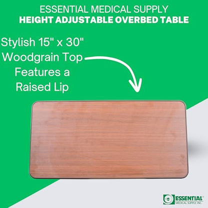 Essential Medical Supply Height Adjustable Automatic Overbed Table - Woodgrain Top with Locking Wheels, Perfect for Hospital and Home Use - Table for Easy Access and Convenience for Adults and Seniors