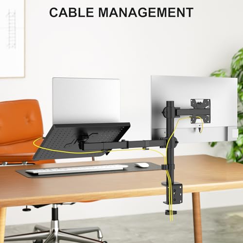 WALI Dual Arm Laptop and Monitor Desk Mount for 17" Notebook and Up to 27" Screen, Fully Adjustable Monitor Arm with Laptop Tray, VESA 75x75 100x100, Holds up to 22 lbs, Black (M001LP) - size: Dual, style: Fully Adjustable Desk Mount