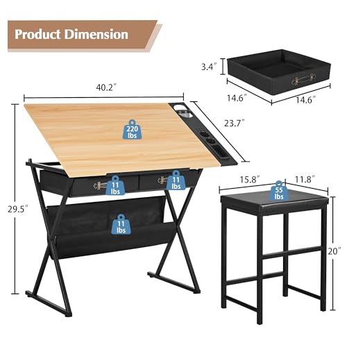 VECELO Drafting Table Art Desk Art Table Adjustable Drawing Table Tilted Tabletop with 2 Storage Drawers and Stool, Drawing Desk for Artist Painters Drawing, Crafting, Reading, Writing, Natural - color: Natural