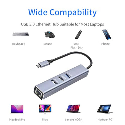 USB-C to Ethernet Adapter, 3-Port USB 3.0 Hub with RJ45 10/100 Ethernet Adapter(2X USB2.0 and 2xUSB3.0) Aluminum Network, Compatible with iMac, PC, Chromebook Laptops, - style: C