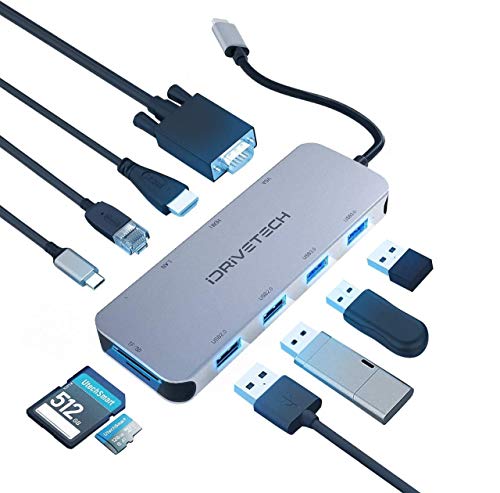 USB C Hub Multiport Adapter - iDriveTech 10 in 1 Docking Station - 4X USB 3.0 Ports, HDMI USB C Adapter, SD/TF Card Reader, VGA Ports, Gigabit Ethernet Port, USB C Port - Compatible with MacBook - color: USB, HDMI, SD/TF Card Reader, VGA, Ethernet Port