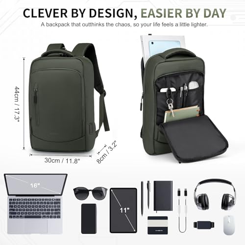 Small Inch Laptop Backpack with USB A/C Port, Slim Water-Resistant Computer Backpack for Work, College and Travel, Gray - color: Green