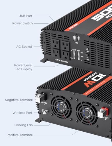 POTEK 5000W Power Inverter 4 AC Outlets 12V DC to 110V AC Car Inverter with 2 USB Ports Black - size: 5000W-MSW