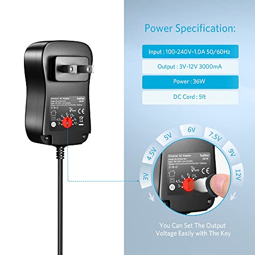 Belker 36W Universal 3V 4.5V 5V 6V 7.5V 9V 12V USBC AC Adapter with 10 Tips | Power Supply for Household Electronics Routers TV boxes LCD CCTV Cameras - 0.5A 1A 1.5A 2A 2.5A 3A 2500mA Max - size: 36w 3-12v 3a