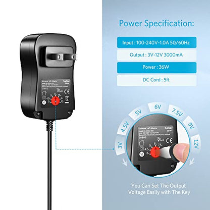 Belker 36W Universal 3V 4.5V 5V 6V 7.5V 9V 12V USBC AC Adapter with 10 Tips | Power Supply for Household Electronics Routers TV boxes LCD CCTV Cameras - 0.5A 1A 1.5A 2A 2.5A 3A 2500mA Max - size: 36w 3-12v 3a
