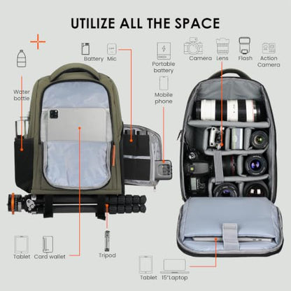 TARION Camera Backpack for Photographers Compact 15L, TB04 Green | 15 Inch Laptop Compartment, Side Access Quick Draw, Anti-theft Hidden Pocket, Tripod Holder, Rain Cover, Travel-Friendly - color: Green