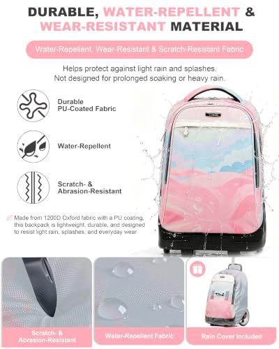 NEW TILAMI 19 Inch Rolling Backpack with Lunch Bag School Stair-Climbing | Stair-Climbing Teen Boys Girls Carry-on Suitcase Large Compartment 15.6 Laptop Sleeve Adjustable Handle Roller Travel Bag - color: Pink